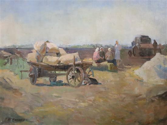 Arkadi Vasilievich Soroka (1921-2010) Peasants and cart in a landscape 18 x 24cm